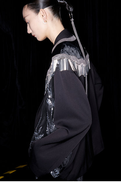 M essential Mackay designer silk-velvet crewneck tassel cape blazer dress set-  Benny.