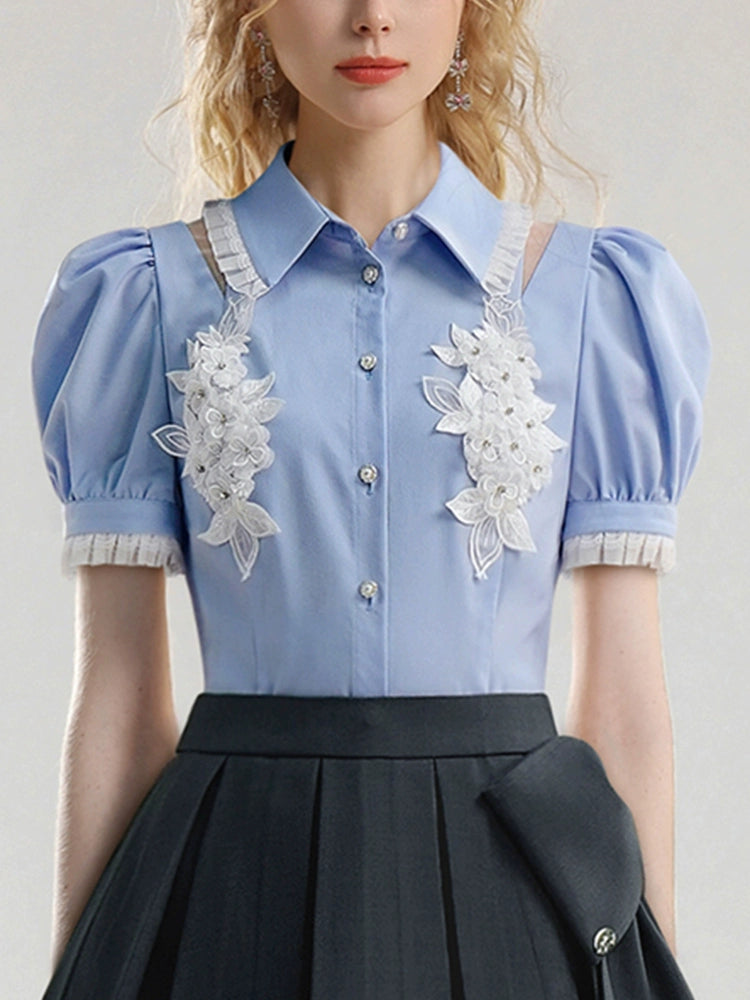 CHECOCRE Stubble sweet girly flower puff sleeve cutout sexy blue top - JOSHUA.