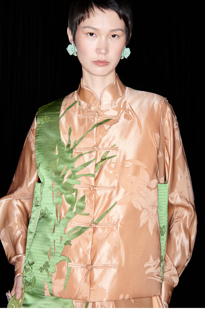 M essential Mackay's designer orchid puffer gilet shirt skirt Pant set - three.