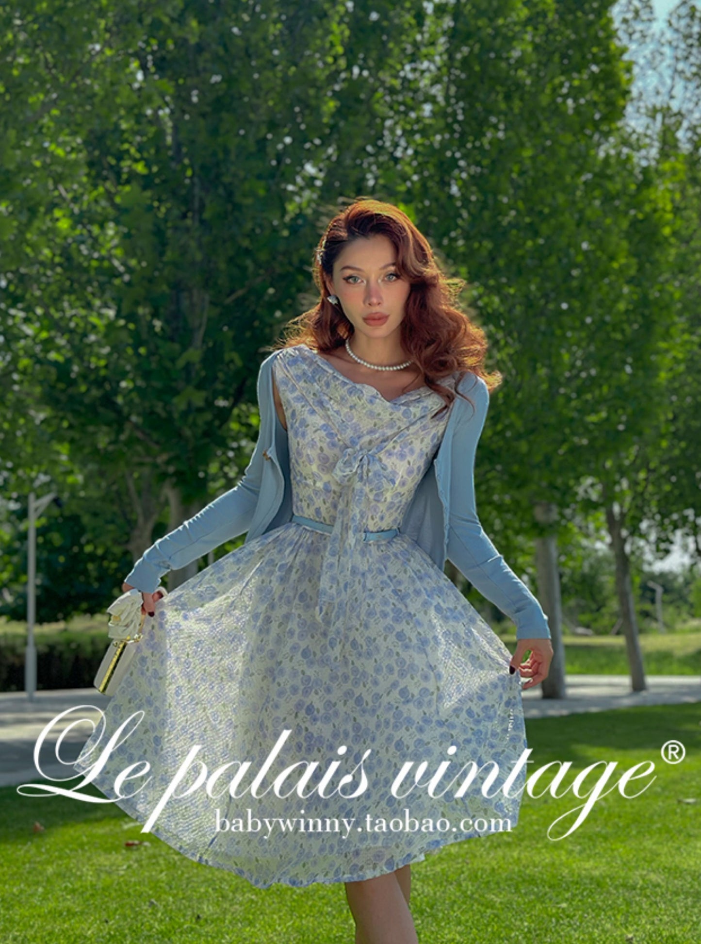 Le Palais Vintage elegant blue floral shawl collar chiffon dress-DIDI