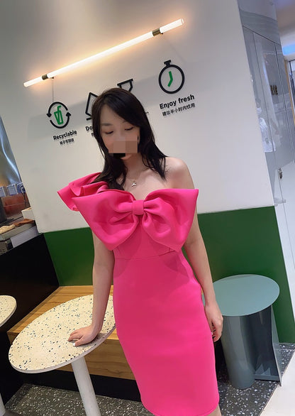 DOLLY Elegant French Style Pink Off Shoulder Big Bow Short Dinner Dress-JOMA
