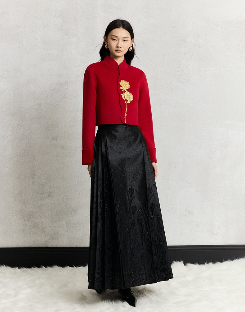 HECO 100% wool Embroidery Red black Short Double-Sided Tweed Jacket Women - out.