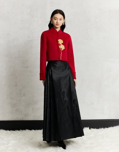 HECO 100% wool Embroidery Red black Short Double-Sided Tweed Jacket Women - out.