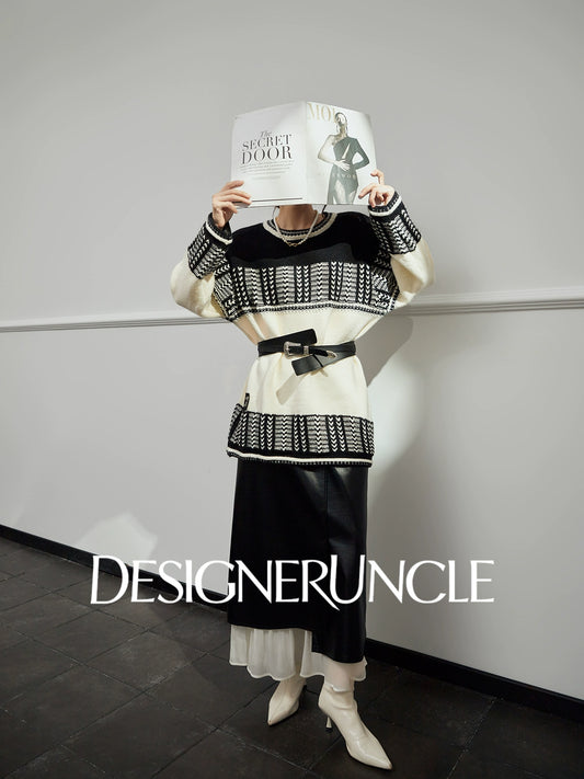 DGU "Ink Domain" black knitted sweater loose slimming retro versatile jacket - Jessie.