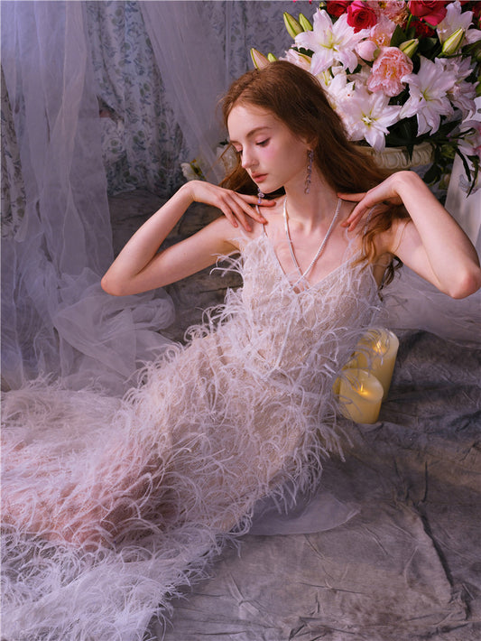 Wardrobes by Chen Elegant White Sleeveless Feather wedding bridal Dress-Peg