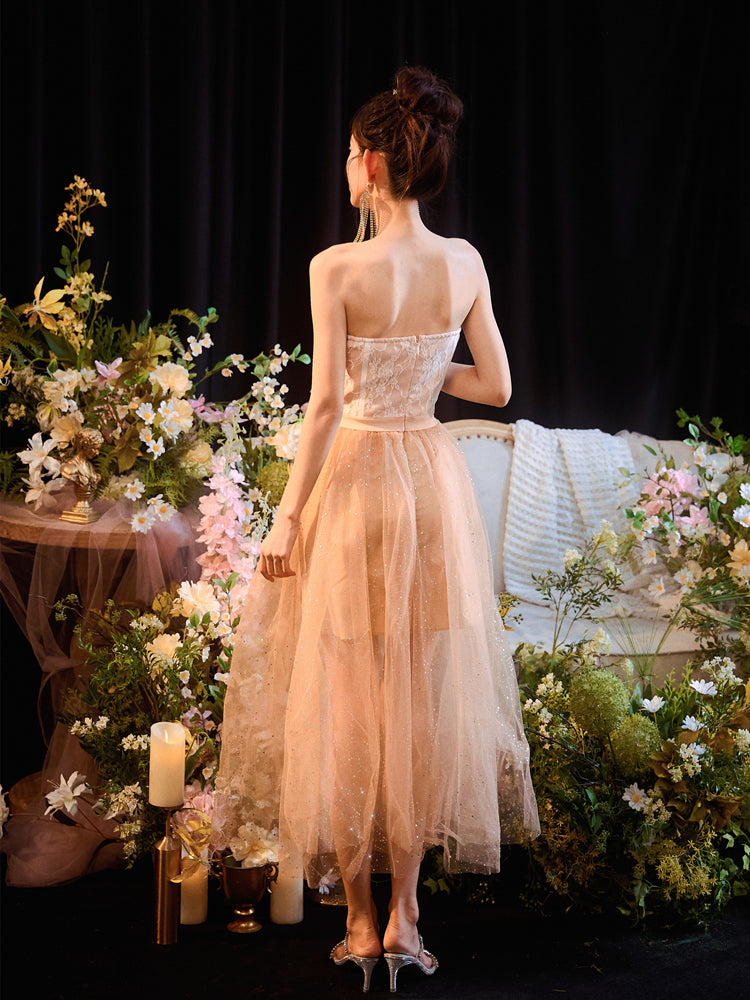 DOLLY Elegant Fake Two Piece Sleeveless Tube Top Sequin Long Dress-POLA