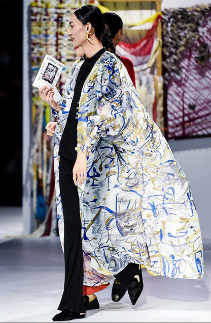 TUYUE Art Print Disc Buckle Light Organza Long Jacket- XENA.