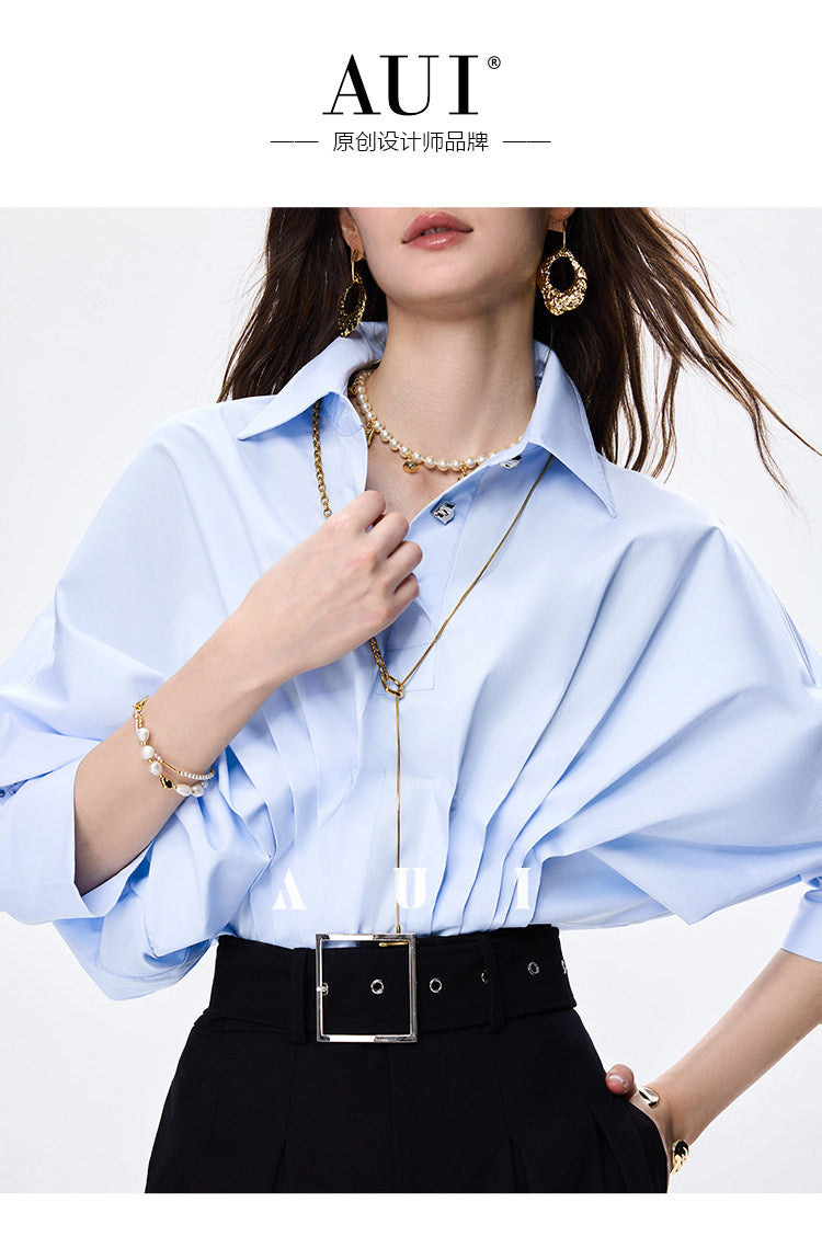 AUI design sense irregular polo collar blue shirt long sleeve top - RESORT.
