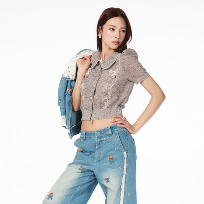 FAME beaded ruffled collar knitted slim top short cardigan- BALDWIN