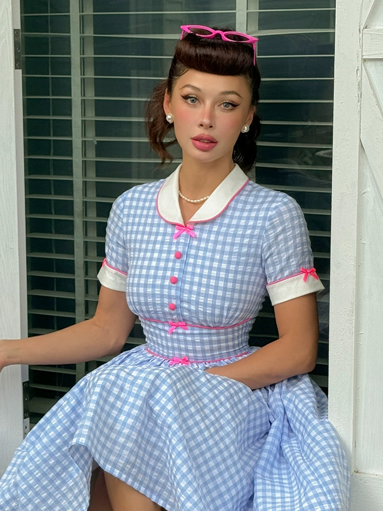 Le Palais Vintage Blue Plaid Waist Swing Skirt Puffy Skirt-SEM