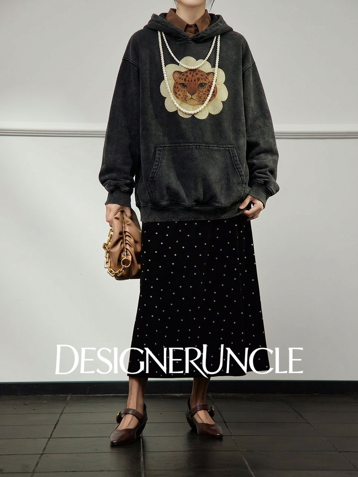 DGU×LAB|Black leopard print loose fleece hooded pattern sweatshirt - JOHA