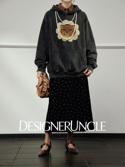 DGU×LAB|Black leopard print loose fleece hooded pattern sweatshirt - JOHA