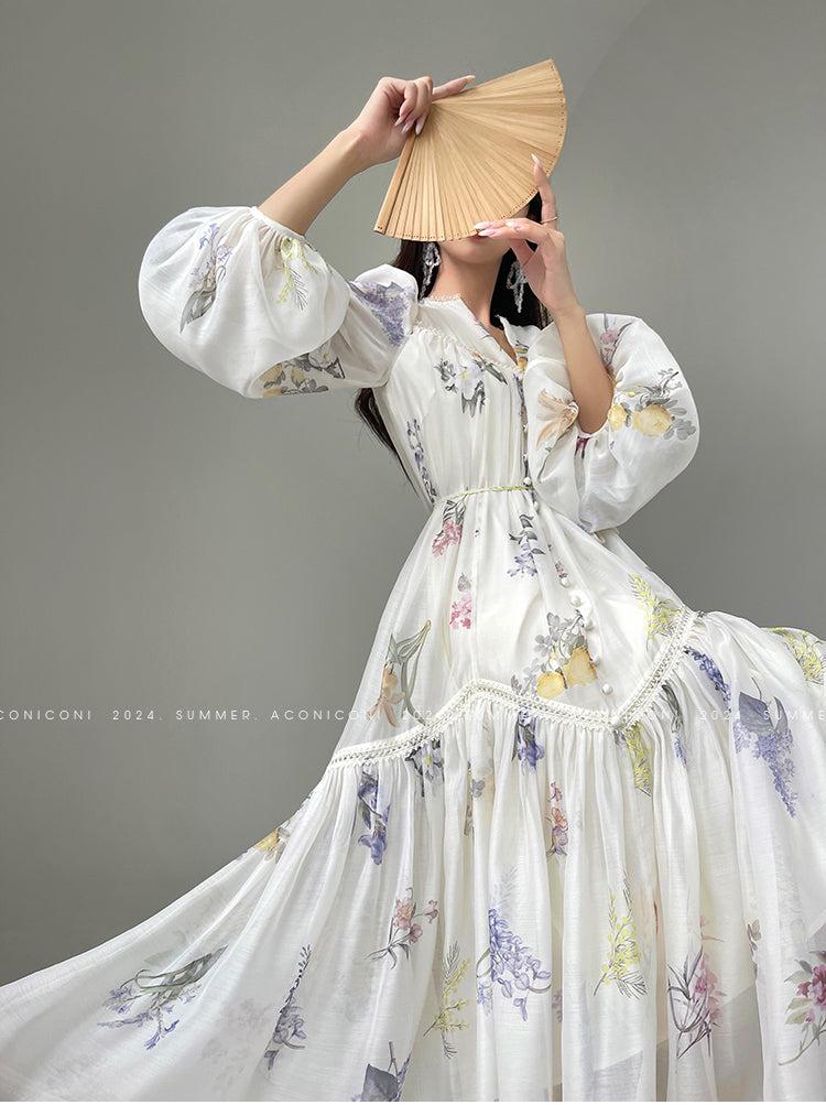 Aconiconi Elegant French Print V-Neck Puff Sleeve vacation Dress- Cloud Forest in the Flowers S (XS-M wearable) / Long Sleeve / Black Short Dress Aconiconi Elegant French Print V-Neck Puff Sleeve vacation Dress- Cloud Forest in the Flowers S (XS-M wearable) / Long Sleeve / Black Short Dress