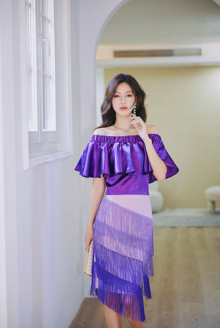 DOLLY Elegant Purple Satin Ruffle Of Shoulder Top+ Gradient Tassel Skirt-ZAYN