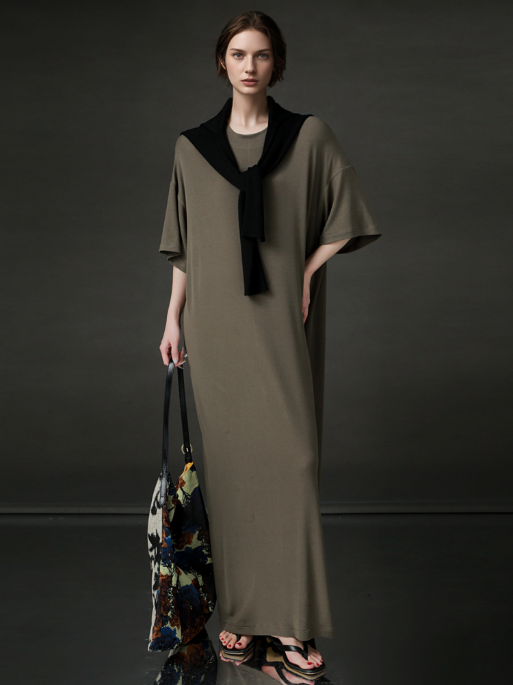 PIAOIN minimalist style nude tencel wool t-shirt skirt versatile dress -LYDIA