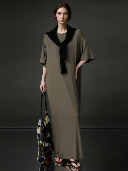 PIAOIN minimalist style nude tencel wool t-shirt skirt versatile dress -LYDIA