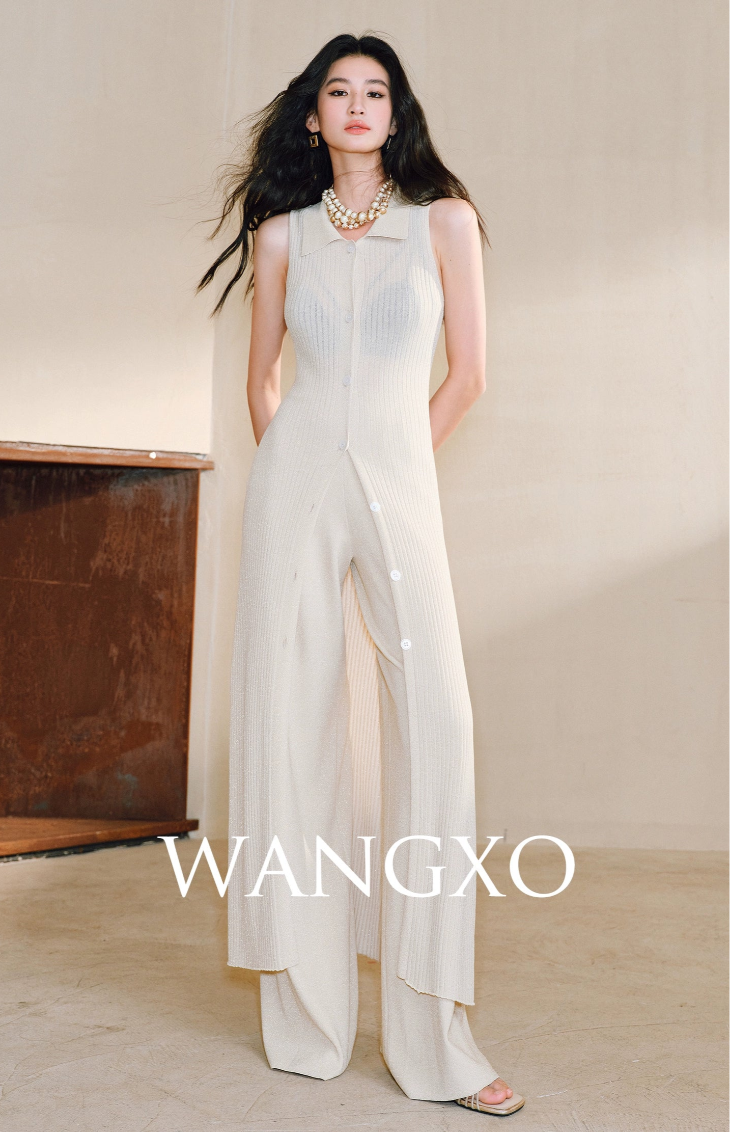 WANGXO Solaris Luxe Set Shaved Shoulder Cardigan & Wide-Leg Knit Pants - MAVIS