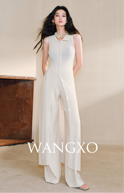 WANGXO Solaris Luxe Set Shaved Shoulder Cardigan & Wide-Leg Knit Pants - MAVIS