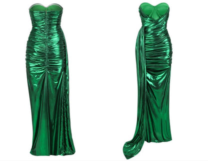 DOLLY High End Green Off Shoulder Chest Wrap Irregular Fish Tail Dress-LEAH