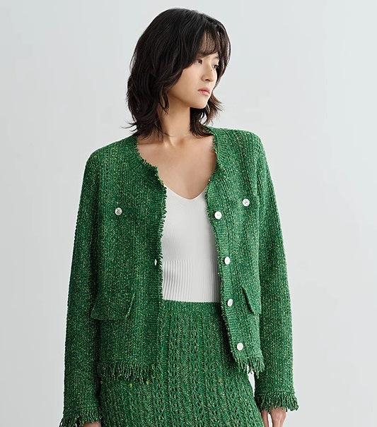 COMME MOI Lv Yan designer spring hollow small fragrance knitted cardigan jacket - IRIS.