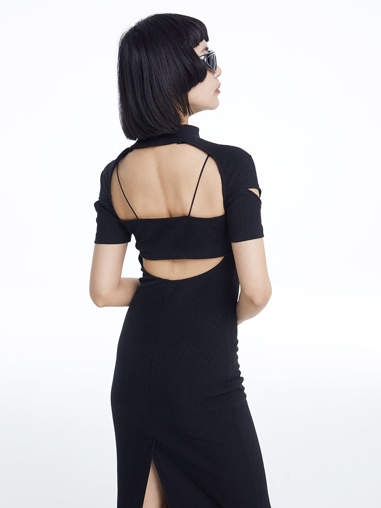 TINY IN fake two-piece deconstructed knitted back slit midi black dress -PUPIN