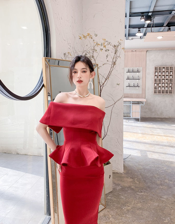 DOLLY High End Off Shoulder Peplum Tube Top Slim Fit Wedding Guest Dress-HANS
