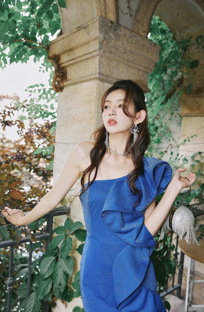 DOLLY Elegant Blue Retro Style Ruffled Off Shoulder Long Slim Fit Slit Dinner Dress-CHITA