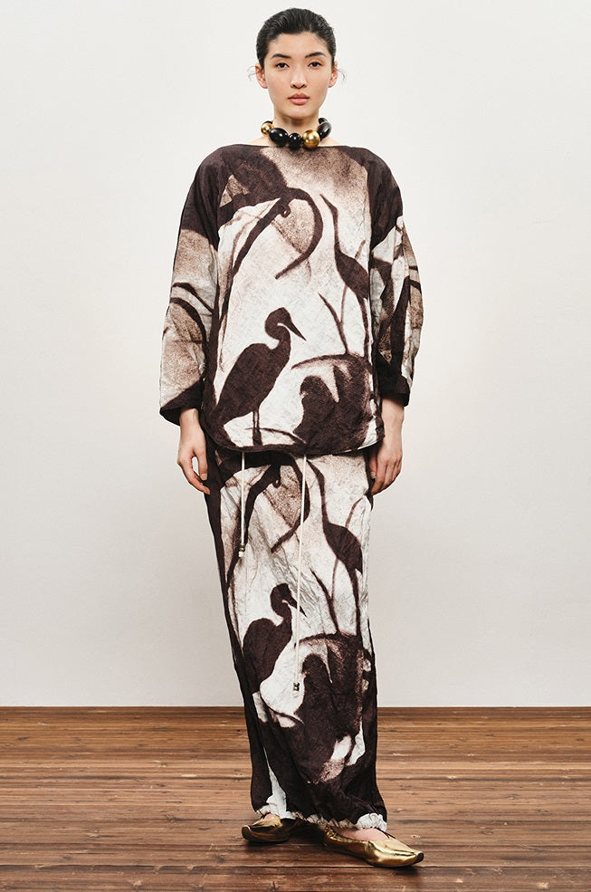 ZHUCHONGYUN Autumn Stork Leaf Slit Drawstring Skirt--YATO.