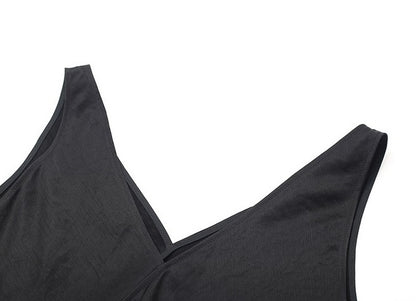 ZHUCHONGYUN Black Stylish Wide Strap V-Neck Pleated Slit Dress-SABRI.