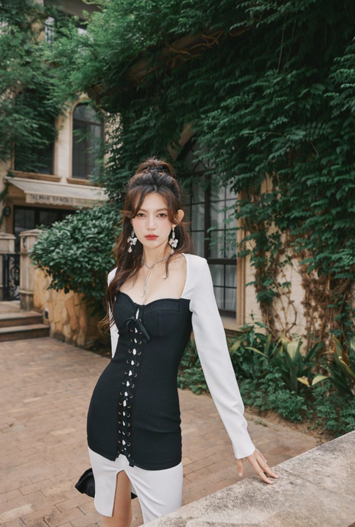 DOLLY Elegant Black and White Square Collar Long Sleeves Slim Fit Dinner Dress-MISA