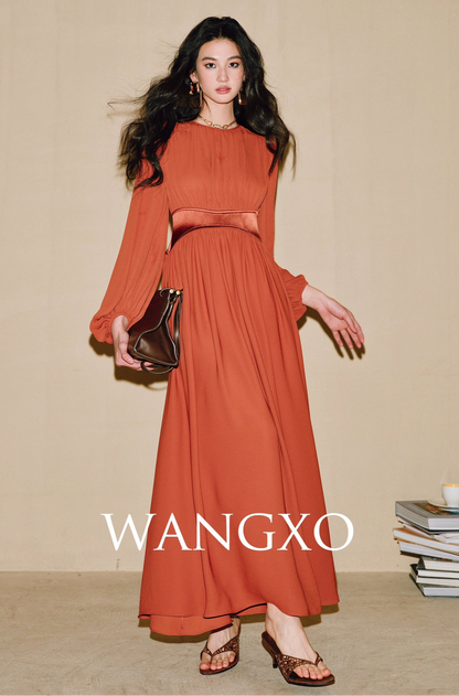 WANGXO | Double-Sided Messy Linen Hand-Spliced Satin Waist Hem Dress - NÍLA.