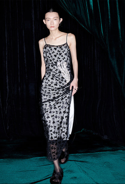 M essential Mackay designer Dot Rose jacquard iris embroidered folded dress - ceaser.