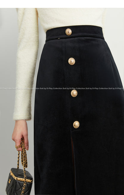Fall Autumn Asymmetric High Slit High Waist Velvet Skirt - Kipi