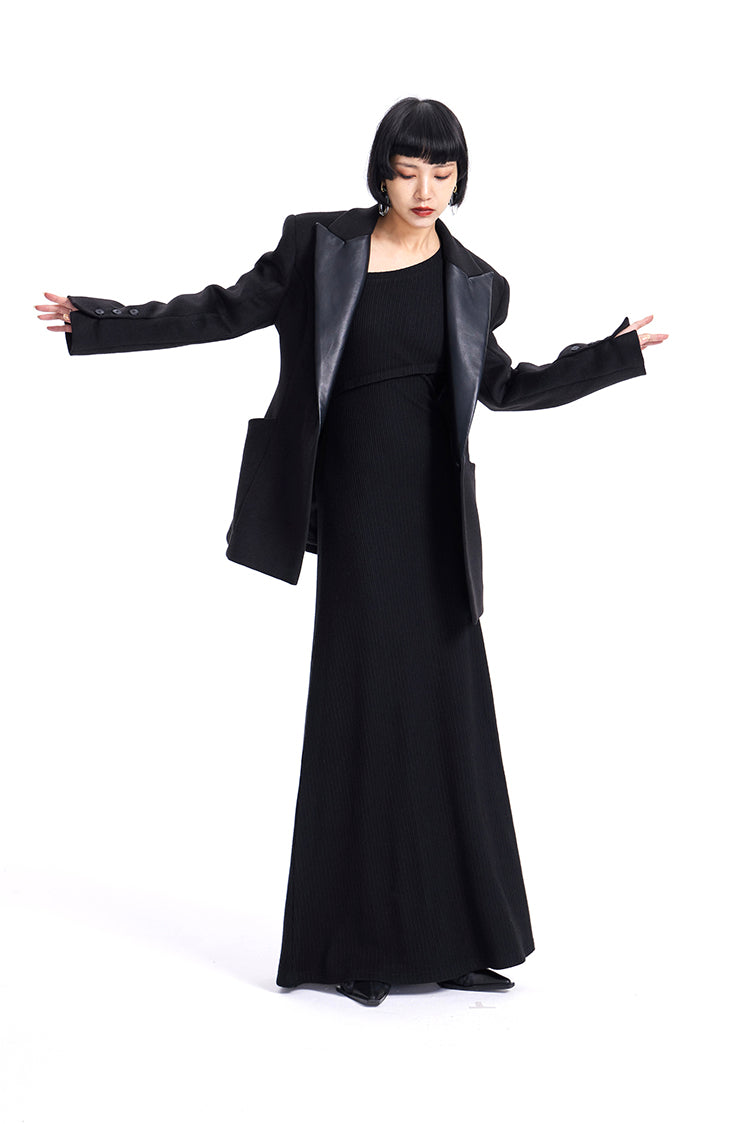 TINY IN knitted black slanted shoulder buttoned sleeves maxi dress-KURO