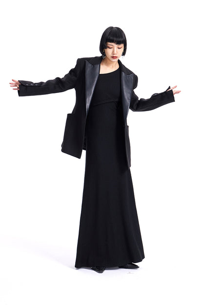 TINY IN knitted black slanted shoulder buttoned sleeves maxi dress-KURO