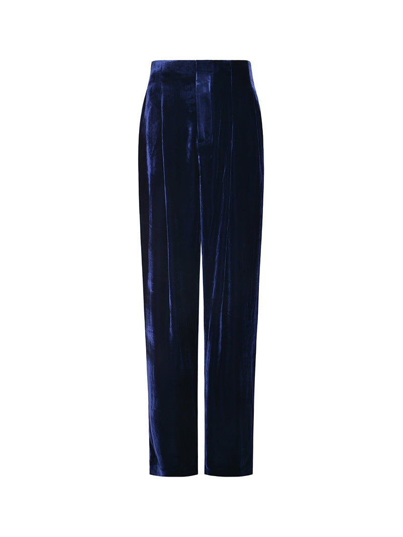 M essential Mackay designer White Lace atelier layered lace inlay top blue velvet pant- olay.