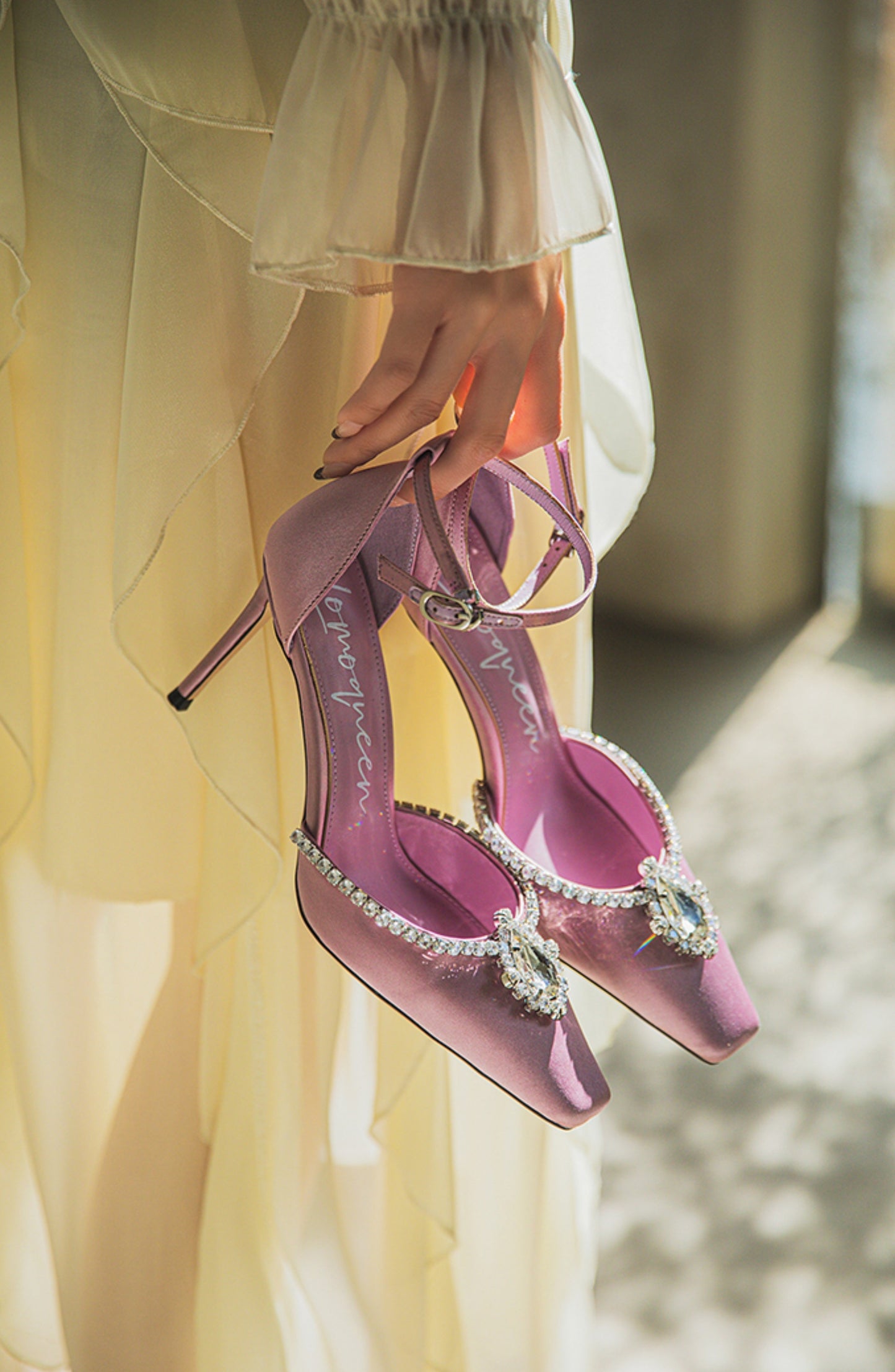 SHOESZOOO French Ankle Strap Stiletto Square Toe Crystal High Heels - MYSELF.
