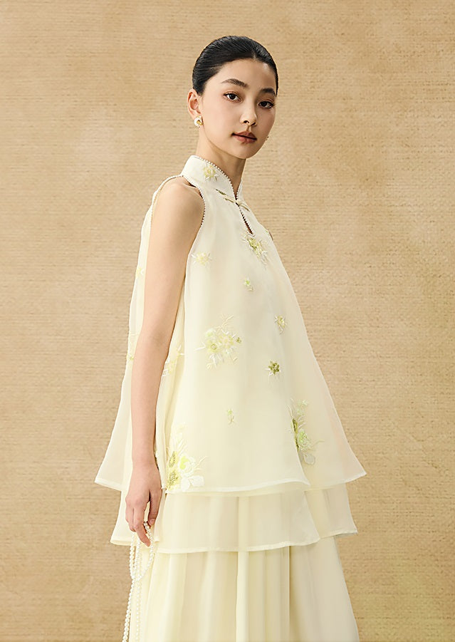 HECO Chinese Pearl Edge Embroidered Sleeveless Tulle Vest - IDEM.