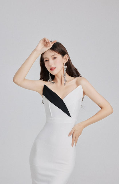 DOLLY Elegant Black and White Sleeveless Bandeau One Shoulder Long Dress-DEVIKA