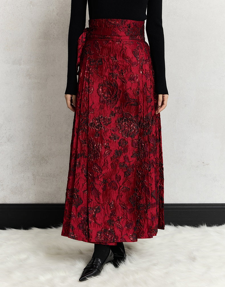 HECO Wear Gold Wire Embossed Horse Face red high waist pleated Skirt - burn.