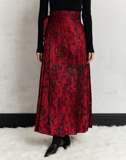 HECO Wear Gold Wire Embossed Horse Face red high waist pleated Skirt - burn.