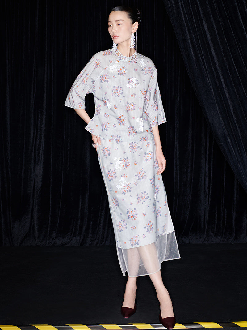 M essential Ma Kay designer Jinghe printed fabric floral nail beads top - JULY.