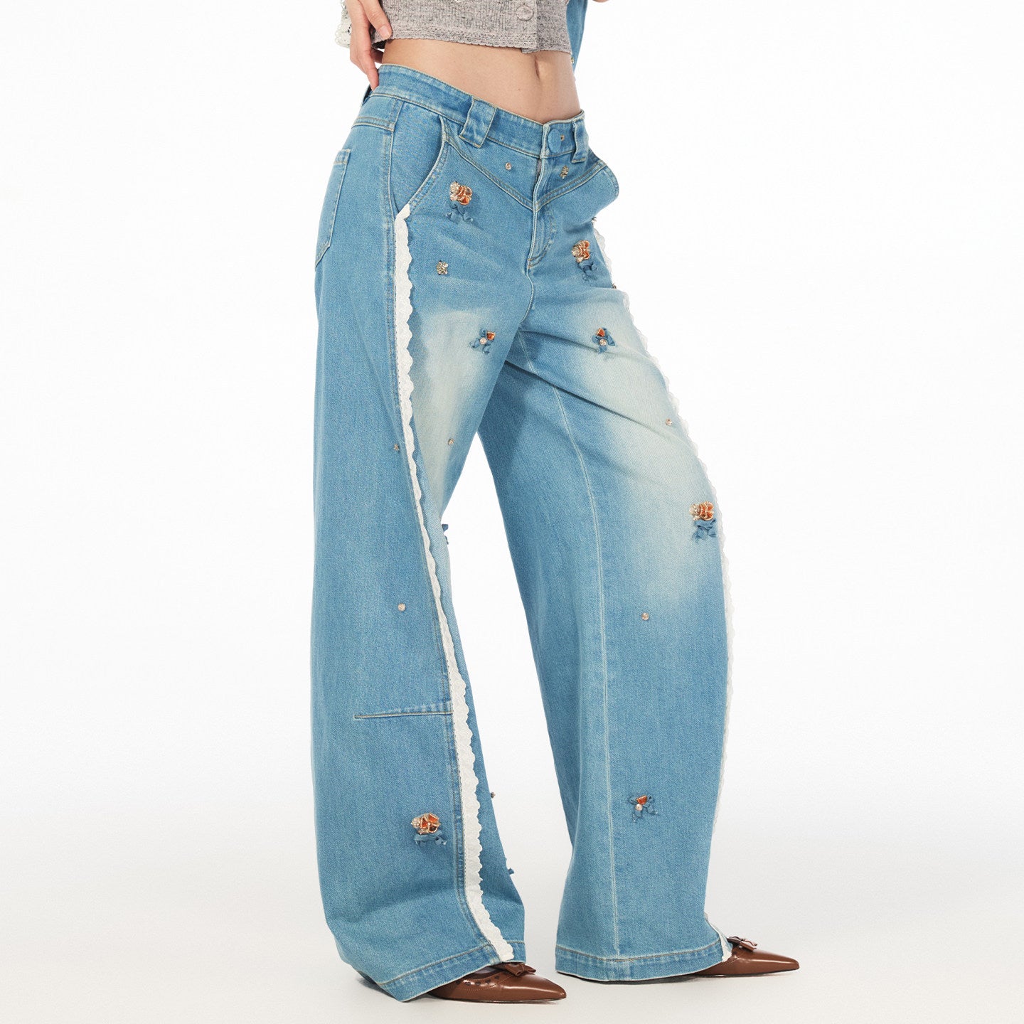 FAME Flower Beaded Patchwork Lace Denim Pants - SOPHIA