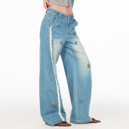 FAME Flower Beaded Patchwork Lace Denim Pants - SOPHIA