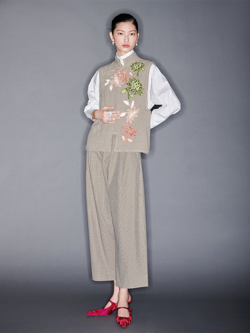 M essential Mackay Puli linen embroidered stand collar gilet vest pant set - Eight Treasures sedum