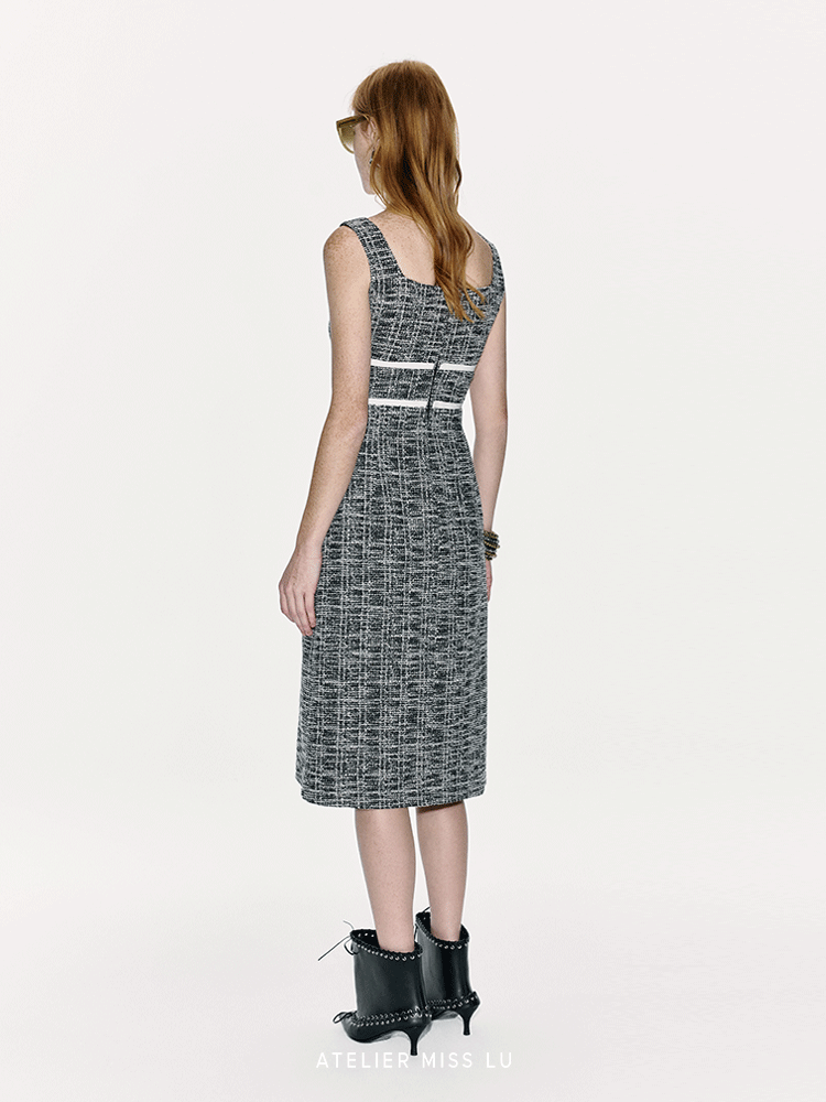 ATELIER MISS LU Contrasting Stitching Small Fragrance Waist Dress - SILVER.