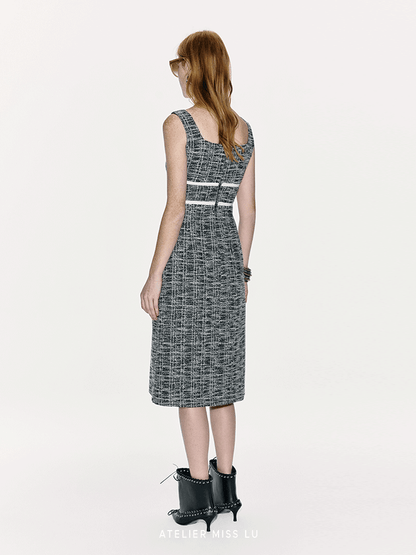 ATELIER MISS LU Contrasting Stitching Small Fragrance Waist Dress - SILVER.