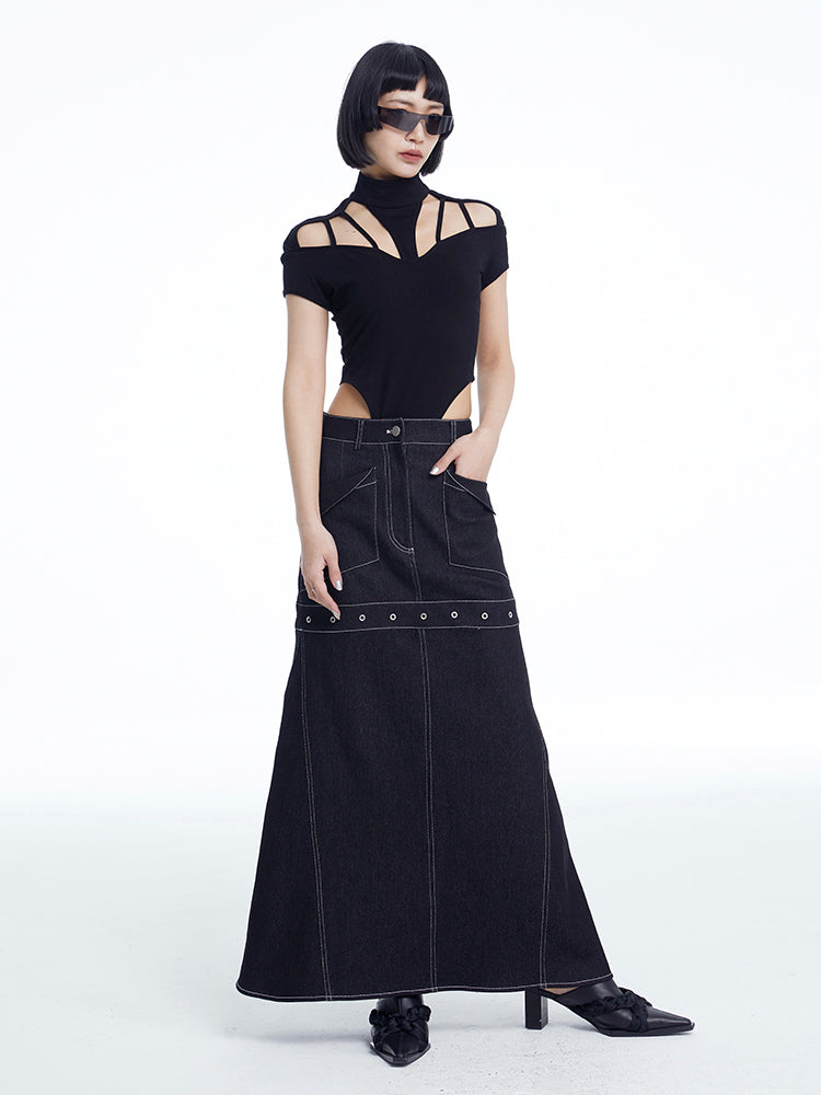 TINY IN black denim women's long a-line skirt -SALEM