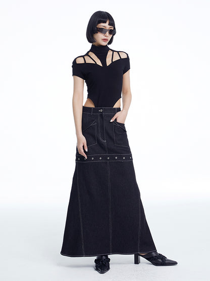 TINY IN black denim women's long a-line skirt -SALEM