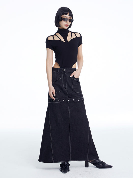 TINY IN black denim women's long a-line skirt -SALEM